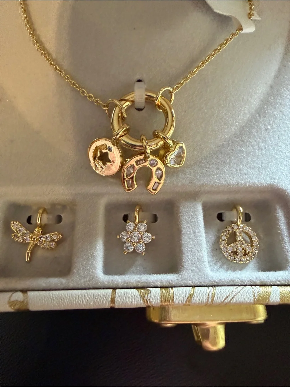 New Charmbar Gold Tone 6 Charm Necklace Link Peace Dragonfly Crystal Luck Charms